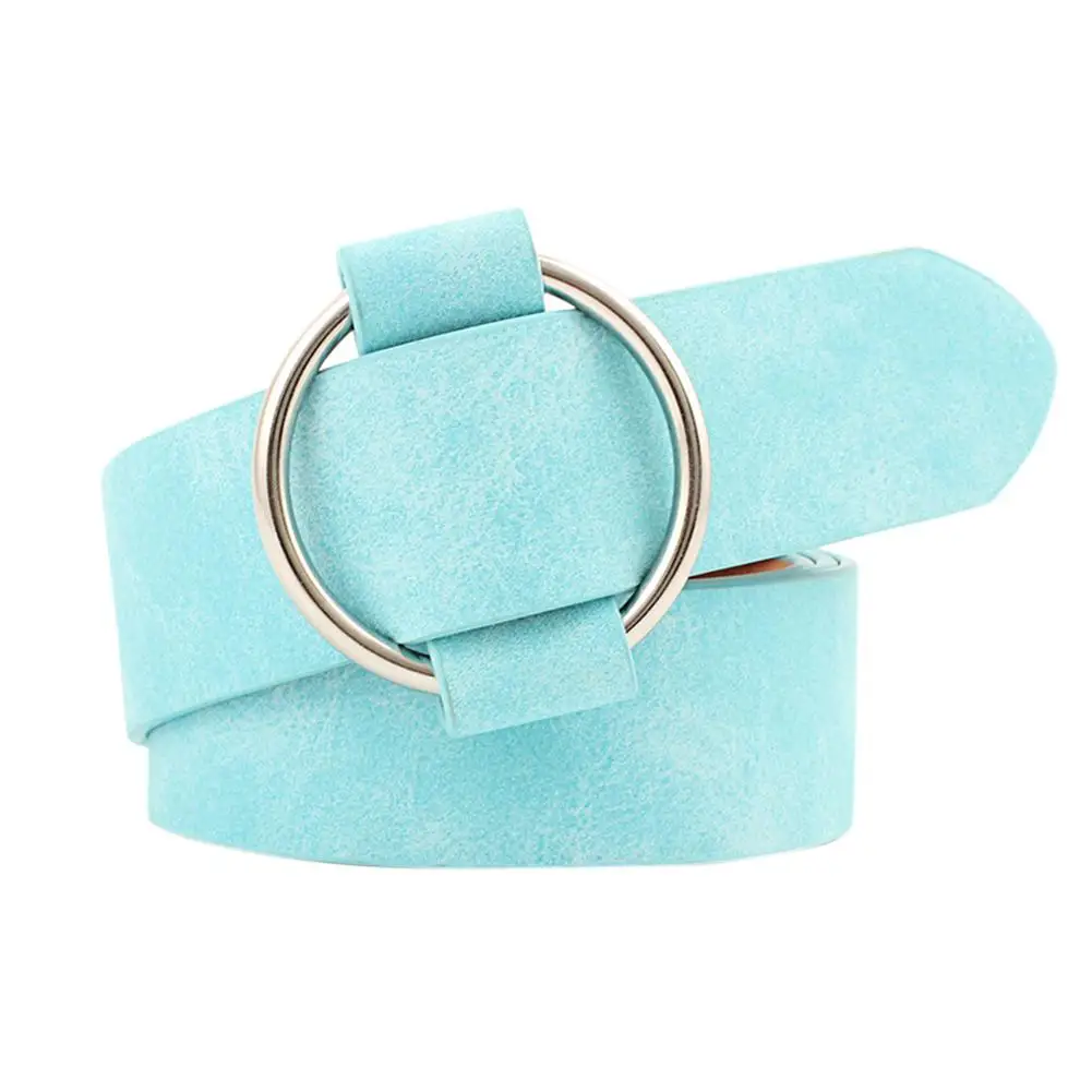 Sky blue DSstyles, женские новые кожаные ремни, круглые пряжки, ремни, женские, повседневные джинсы, дикие, без булавки, металлическая пряжка, женский ремень - Цвет: Sky blue