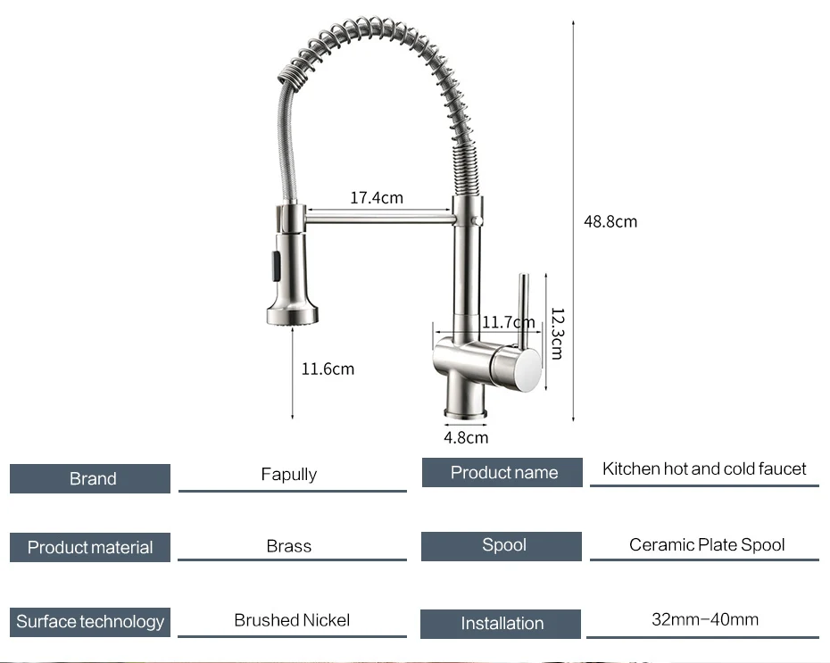 Fapully Бортике горячей и холодной воды Кухня кран Никель щеткой Весна Pull Down спрей Носик Кухня смесителя AEF0017