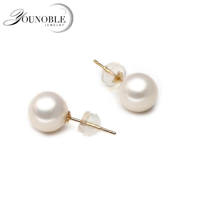 Real 18k Gold Pearl Earring,Wedding Real Round Freshwater Pearl Earring Anniversary Birthday Gift