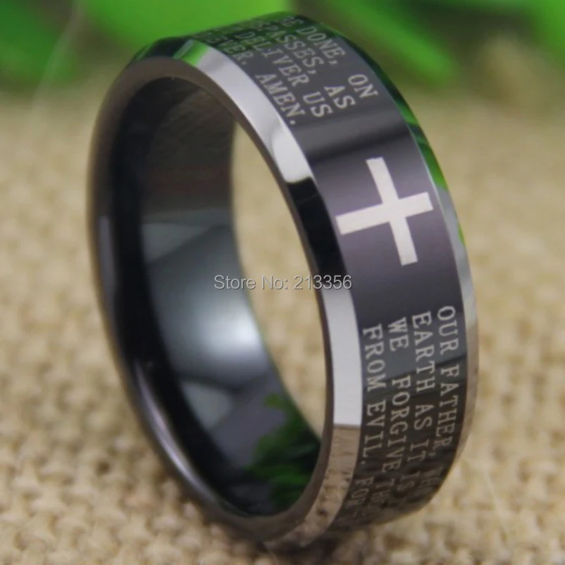 

2015 New Arriving Ring 8mm Black Silver Beveled The Lord Prayer's Tungsten Ring for Wedding(Free Shipping/Free Engraving)