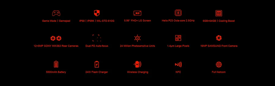 DOOGEE S70 P68/IP69K водонепроницаемый игровой телефон Беспроводная зарядка NFC 5500 мАч 12 В 2 а Быстрая зарядка 5,99 FHD Helio P23 Восьмиядерный 6 ГБ 64 ГБ