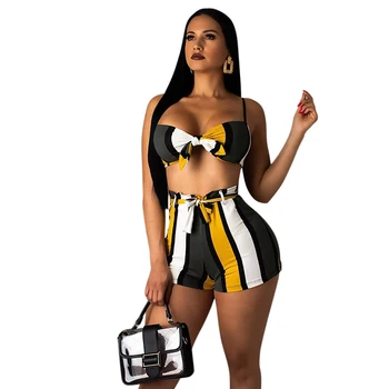 

Wantmove 2019 new summer women two piece set sexy stripe sprint sling lumber short top and lace up shorts two piece set WM624