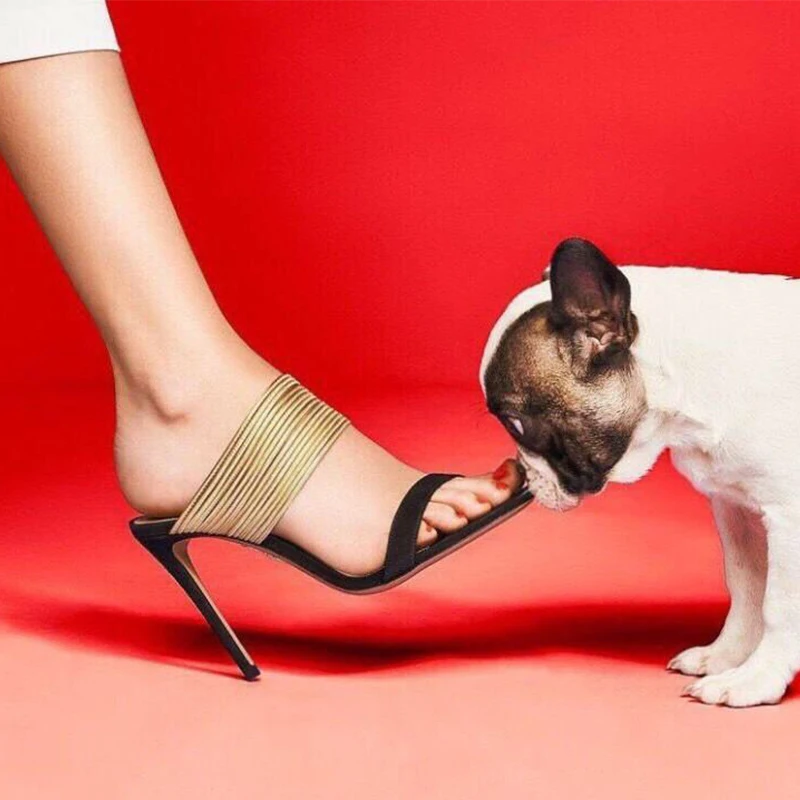 

Eunice Choo Gold Barrow Band Open Toe Women Mules Flock Slip On High Heels Pumps Sexy Party Lady Summer Slipper Shoes