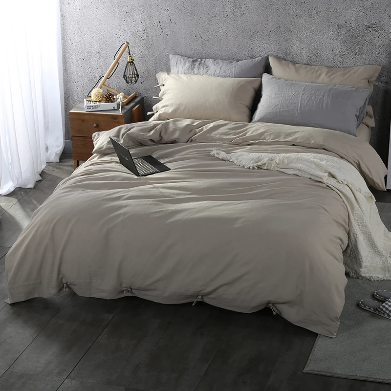 Simple Style Coffee Color Natural Flax Fitted Sheet Bedding Set Duvet Cover Bed Linen Bedsheet
