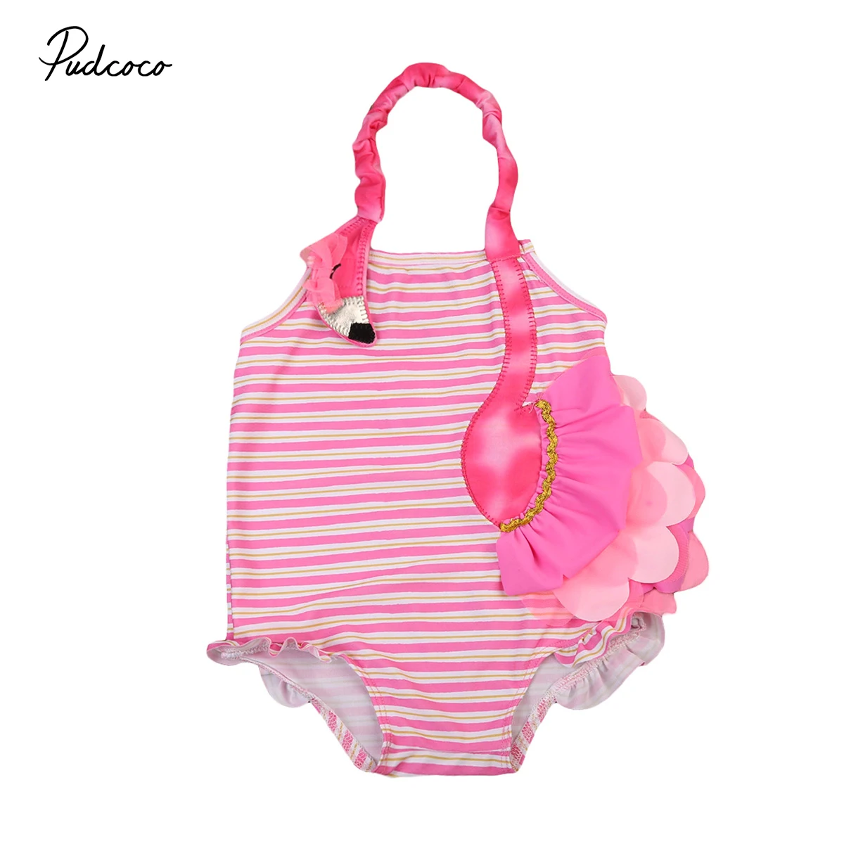 

1-7Y Cute Baby Girl 3D Flamingo Striped Bodysuit Swimsuit Newborn Children Girls Summer Swimming Costume Beachwear