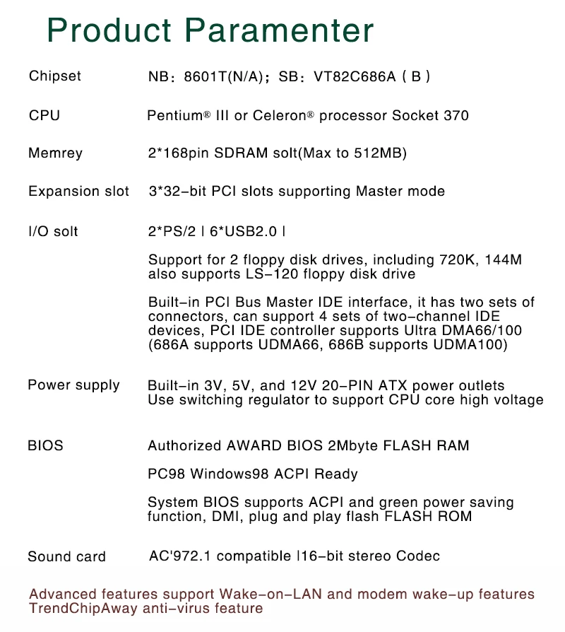 Розетка 370 процессор Промышленная материнская плата с 3* PCI ISA AMR