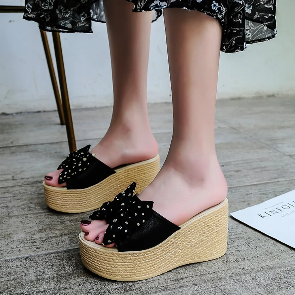 

SAGACE 2019 Fashion Simple Women's Bow Knot Peep Toe Platform Wedges Shoes Ladies Sandal Polka Dot Shoes Large Size 35-40 J14