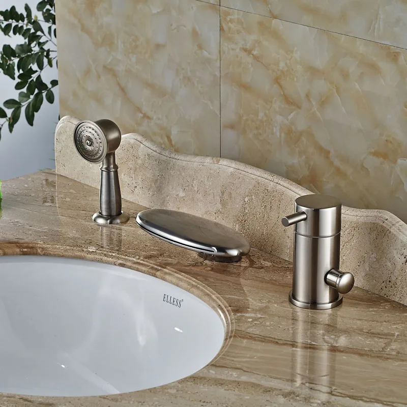 

Deck Mount 3pcs Widespread Swan Neck Spout Bathtub Faucet With One Handle Mixer Tap