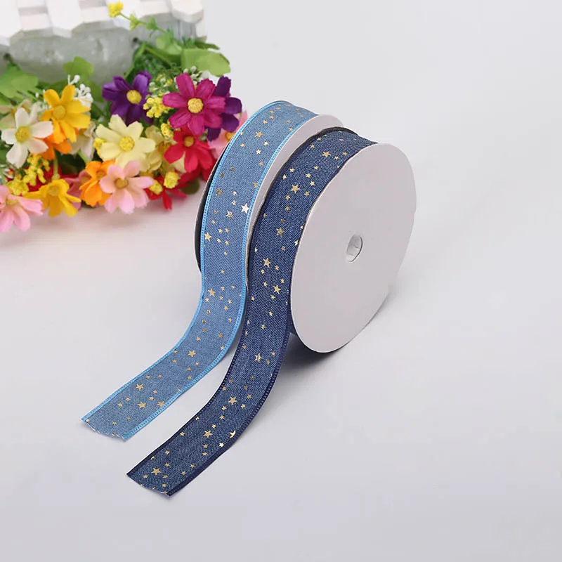 

New Two-Tone Medium Ribbon 2.5 cm Wide Denim Gold Stars Print Sky Blue Bedroom Decoration Material Ribbon Sewing Home Webbing