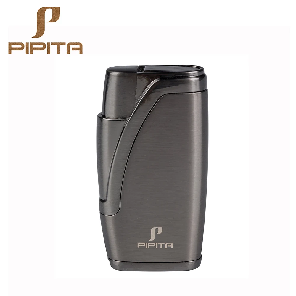 PIPITA сигарный фонарь, зажигалка, ветрозащитная зажигалка, 2 струйный фонарь, многоразовая, надувная сигарета, металлическая Бутановая Зажигалка - Цвет: Темно-серый