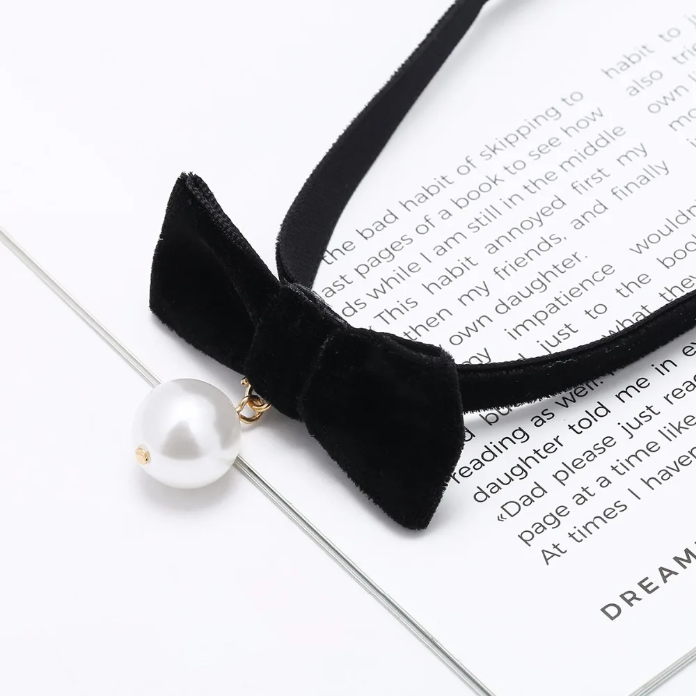 Модное черное бархатное ожерелье-чокер на веревочке с бантом, женское ожерелье с подвеской из искусственного жемчуга