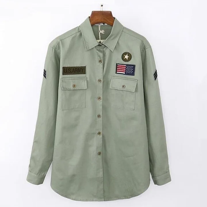 Женская рубашка в Военном Стиле, армейский Стиль, длинный рукав, Дамский светильник, армейский зеленый цвет, рубашки, украшенные значками, стиль бойфренда, повседневные рубашки