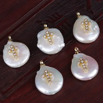 

flat natural freshwater pearl bead gold white cz zircon pave cross charms charm for jewelry diy making for choker