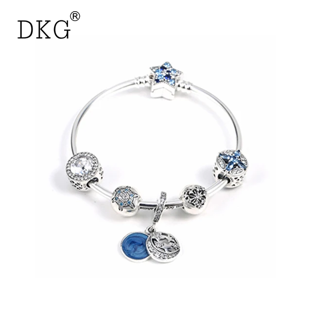 

925 Sterling Silver Fashion Shine Snow Night Star Five-pointed Star Chain Set Fit for Original Women's Bracelet DIY Jewelry