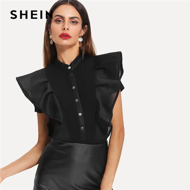 SHEIN الأسود أنيقة زر يصل شبكة حافة كشكش تركيبها موقف طوق قصيرة الأكمام نحيل ارتداءها الصيف النساء حزب ارتداءها SHEIN الأسود أنيقة زر يصل شبكة حافة كشكش تركيبها موقف طوق قصيرة الأكمام نحيل ارتداءها الصيف النساء حزب ارتداءها