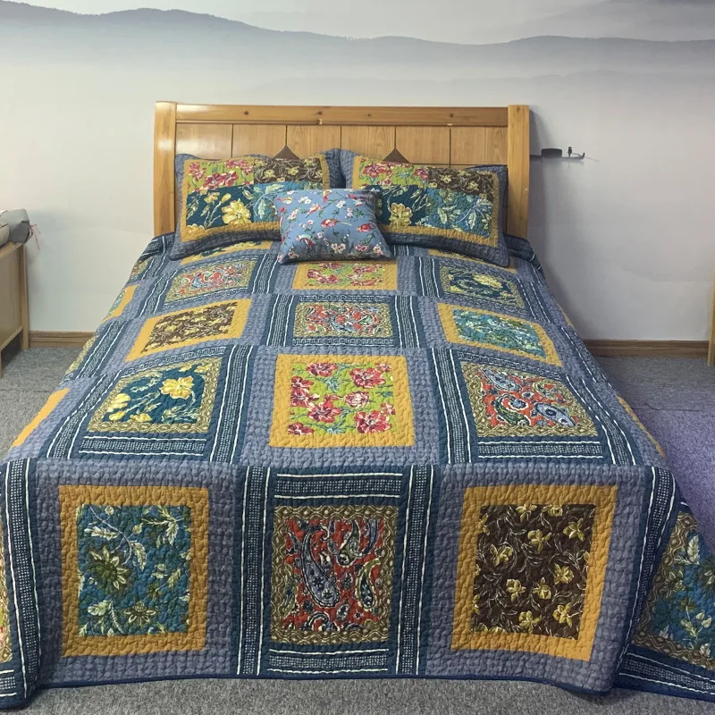 

CHAUSUB Cotton Bedspread Quilt Set 3pcs Real Handmade Patchwork Coverlets Pillowcase King Queen Size Summer Quilted Quilts