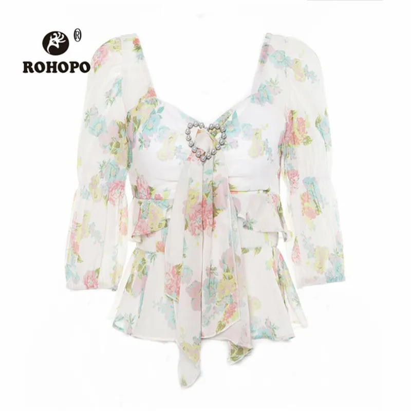 

ROHOPO Women Puff Half Sleeve Beading Chiffon Crop Tops Camisa Peplum Floral Ruffles Tie Bow Collar Tunic Tops T shirts