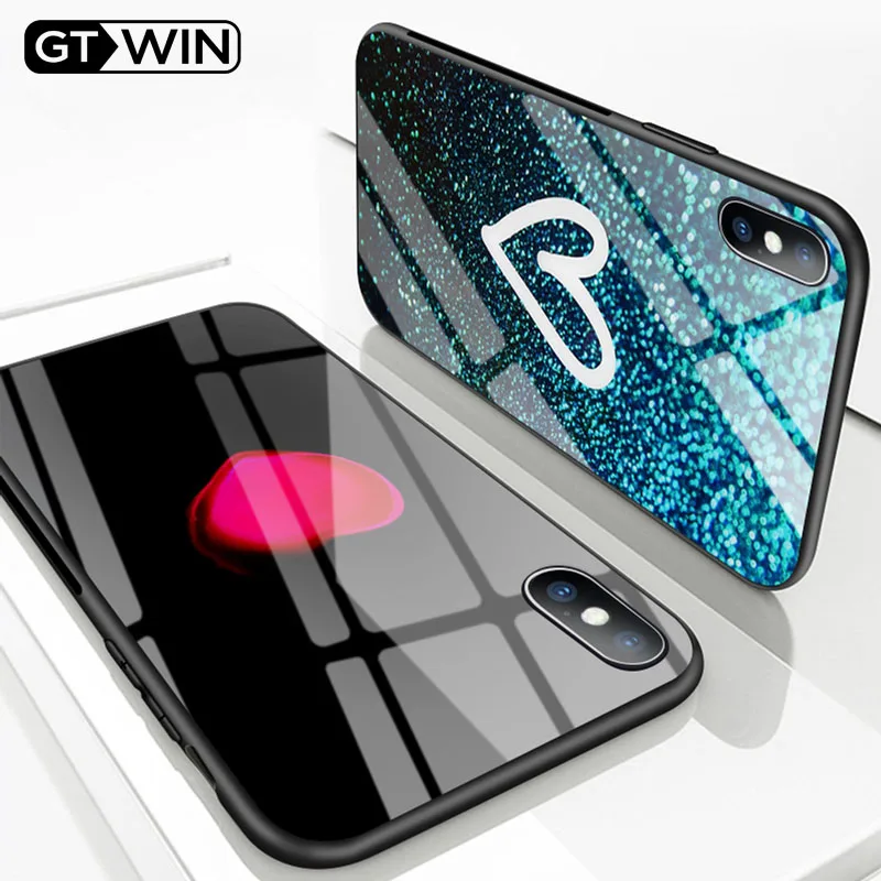 Beste GTWIN Liefde Hart Paar Glas Case Voor iPhone 6 6 s 7 8 Plus 9 H Hardheid Gehard Glas Hard telefoon Case Cover Back Voor iPhone X