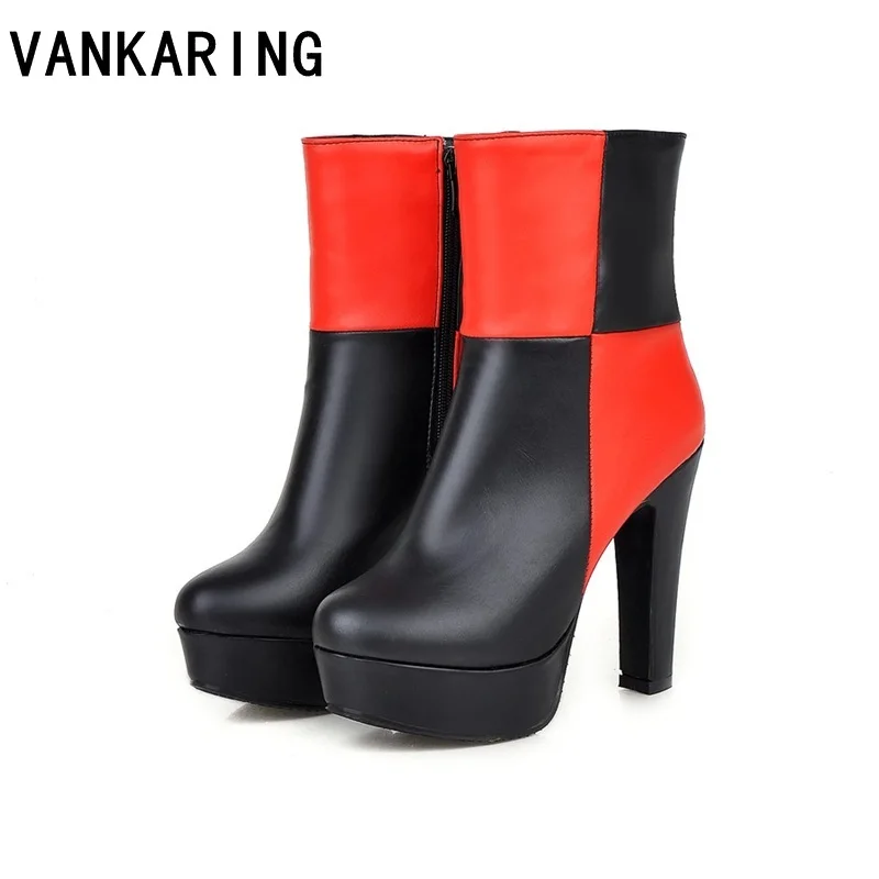 

fashion mixed color PU leather shoes woman ankle boots cozy round toe western cowboy boots women high heel runway boots platform