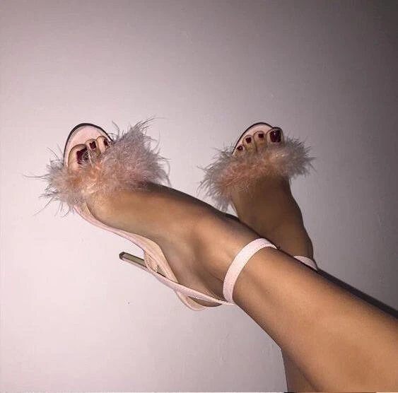 Women's Pump Fluffy Fur High Heels Thick Ankle Strap Rhinestone Shoes | eBay
