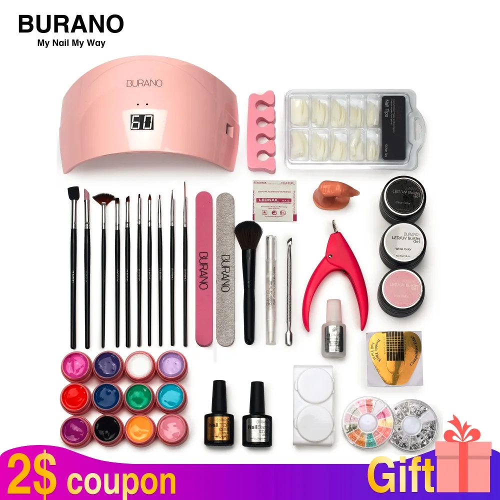 Burano Nail tools set kit UV \LED GEL Lamp & 12 Color UV Gel Practice