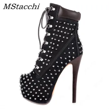 

MStacchi Ankle Boots For Woman 2020 New Ladies Party Boots Women Sexy Rivet Spike Motorcycle Boots Lace Up Pointed Toe High Heel