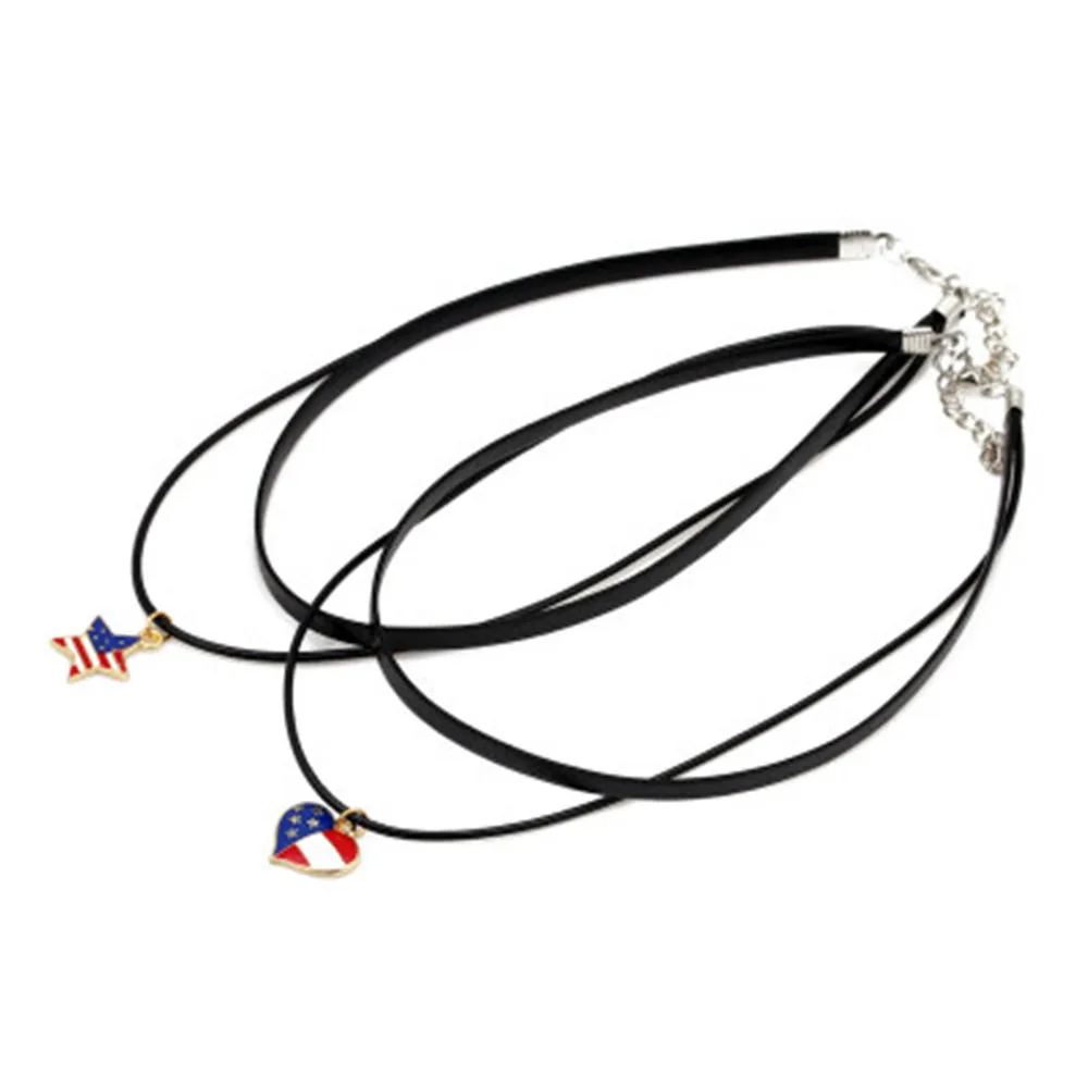 

Black Short Leather Strap American Flag Pendant Necklace Clavicle Chain Double Layer Chokers Jewelry