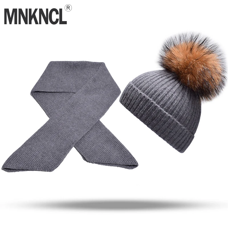 MNKNCL Для женщин зимняя шапка и шарф комплект мода кашемир вязаная шапка меховым помпоном шапка женская теплая кашемировая шапка Шапки