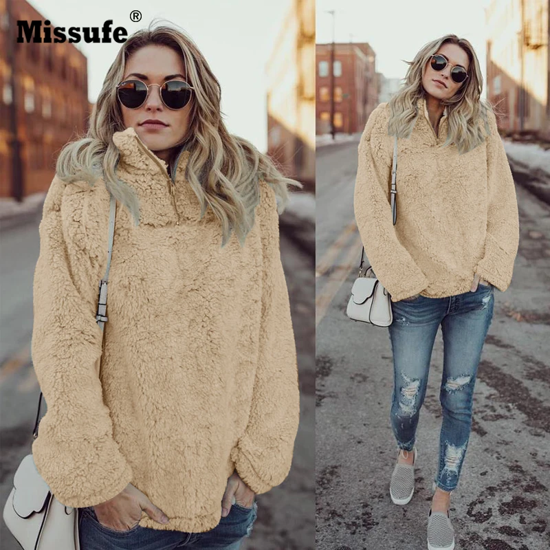  Missufe 2018 Autumn Winter Stand Collar Sweatshirt Long Sleeve Warm Soft Hoodies Pullovers Loose Pl