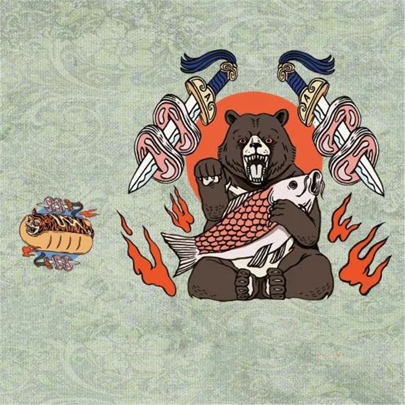 

Cool Street Icon Women Men Clothes 25CM Fire Bear Fish Iron on transfer Printing Patches for clothing T-shirt Patch DIY Stickers
