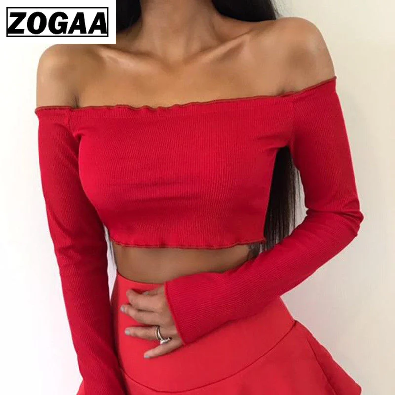 Женский укороченный топ ZOGAA черный красный из смесового хлопка с открытыми