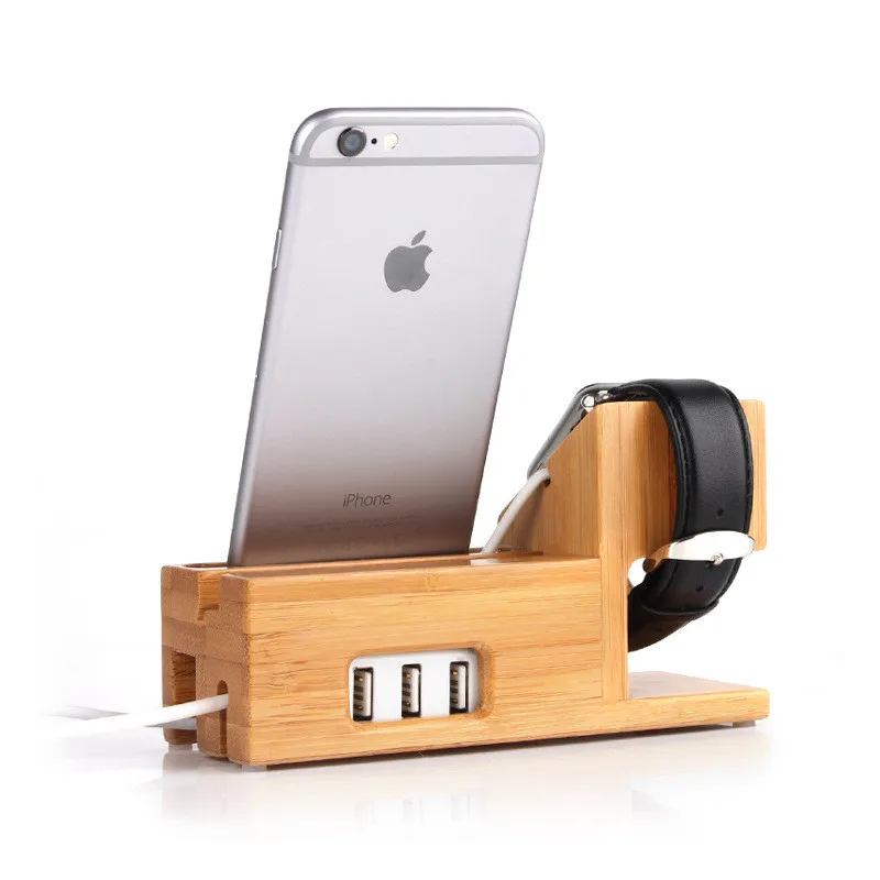 Bamboo Phone Holder 3-Port USB Charger Charging Holder Tablet Desk for iPhone 8 Samsung Cellphone stand holder Phone Cords Wood Charging Station Docks Phone Holder Stand (2)