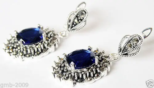 

925 Sterling Silver Jewelry Blue Faceted Crystal Marcasite Dangle Earrings