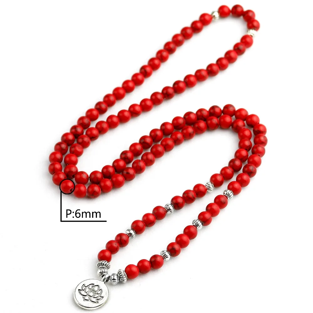Женское Ожерелье и браслеты Mala красный камень Howlite 6 мм браслет для йоги с Буддой, в форме лотоса 108 бисерные браслеты для йоги ювелирные изделия
