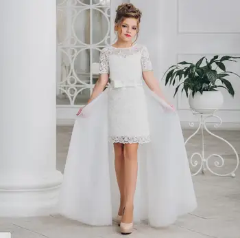 

Two Pieces Girls Dress 2019 White Lace with Detachable Train Short Sleeve Girls Pageant Gown Flower Girl Dress for Wedding