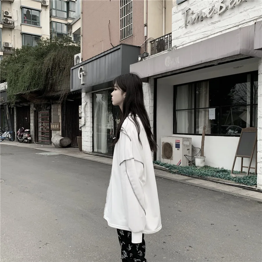 Корейский Ulzzang Твердые негабаритных толстовки для женщин Harajuku Kpop одежда Японская уличная одежда с длинным рукавом друзья Толстовка черный