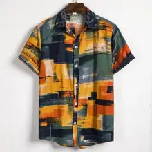 Рубашка мужская Повседневная рубашка с коротким рукавом Гавайская круглая оторочка этнические льняные топы с принтом Эстетическая блузка vestido Прямая C