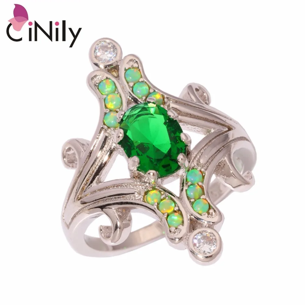 CiNily Created Green Fire Opal Green Zircon Cubic Zirconia Silver Plated Wholesale for Women Jewelry Ring