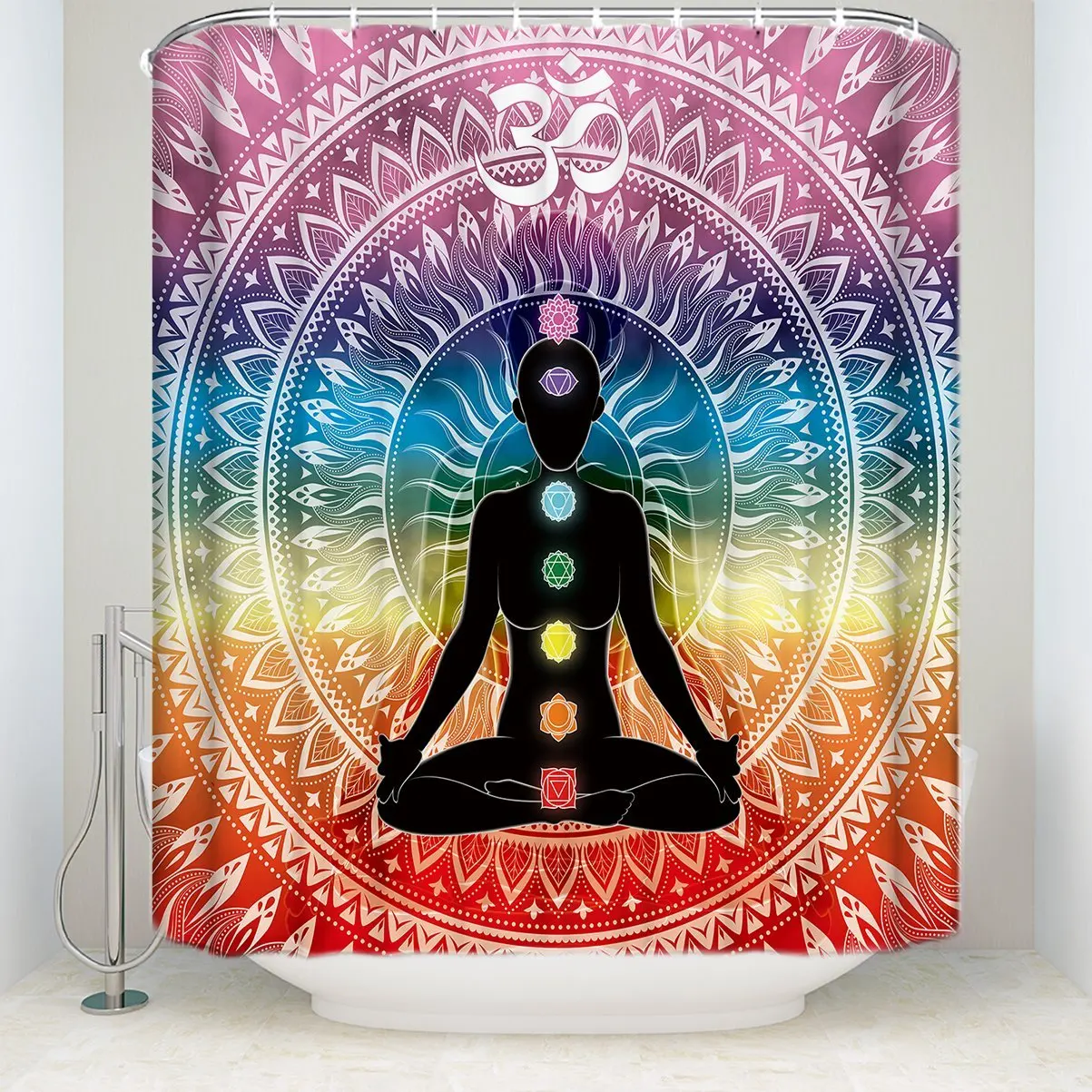 Yoga Seven Chakra Shower Curtains Meditating Crossed Legged Pose Women