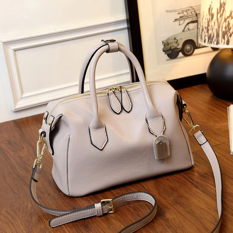 Women Fashion Top Grain Genuine Calf Leather Boston Shoulder Handbag