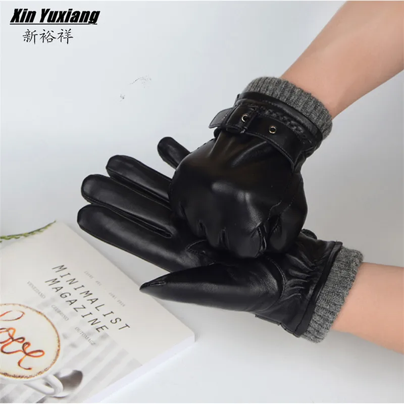 Текстовые зимние перчатки из натуральной кожи для вождения, мужские кожаные перчатки, теплые черные кожаные перчатки с подкладкой, мужские матовые перчатки из овчины 2107 - Цвет: Black