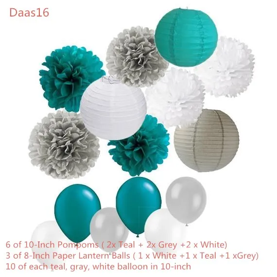 

39PCS Teal Gray Baby Boy Shower Party Mixed Tissue Pom Poms Paper Lantern Balloons for 1st Birlthday Wedding Shower Nursery Deco