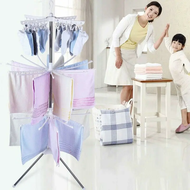 

Multifunctional floor folding towel drying rack Transportable Laundry Stand Drying Rack 2 Tier Tripod Clothes Hanger