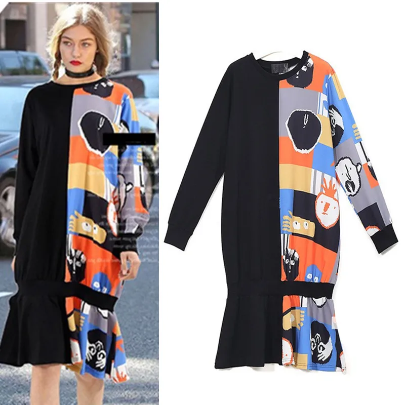 

2019 Spring Autumn Big Size Dress Streetwear Cartoon Print Dress Nice Long Sleeve Patchwork Dress Party Casual Ruffles CC276