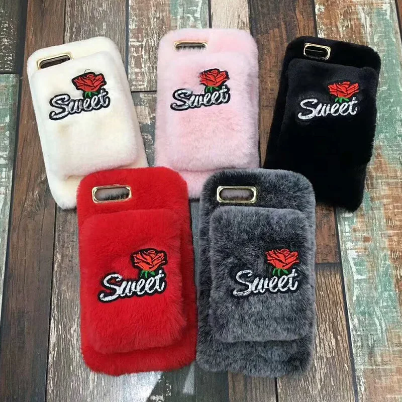 Tfshining Fur Case For iPhone X XR XS Max Lovely Winter Plush Furry Sweet Rose Silicone Phone Case Cover For iphone 6s 7 8 plus (5)