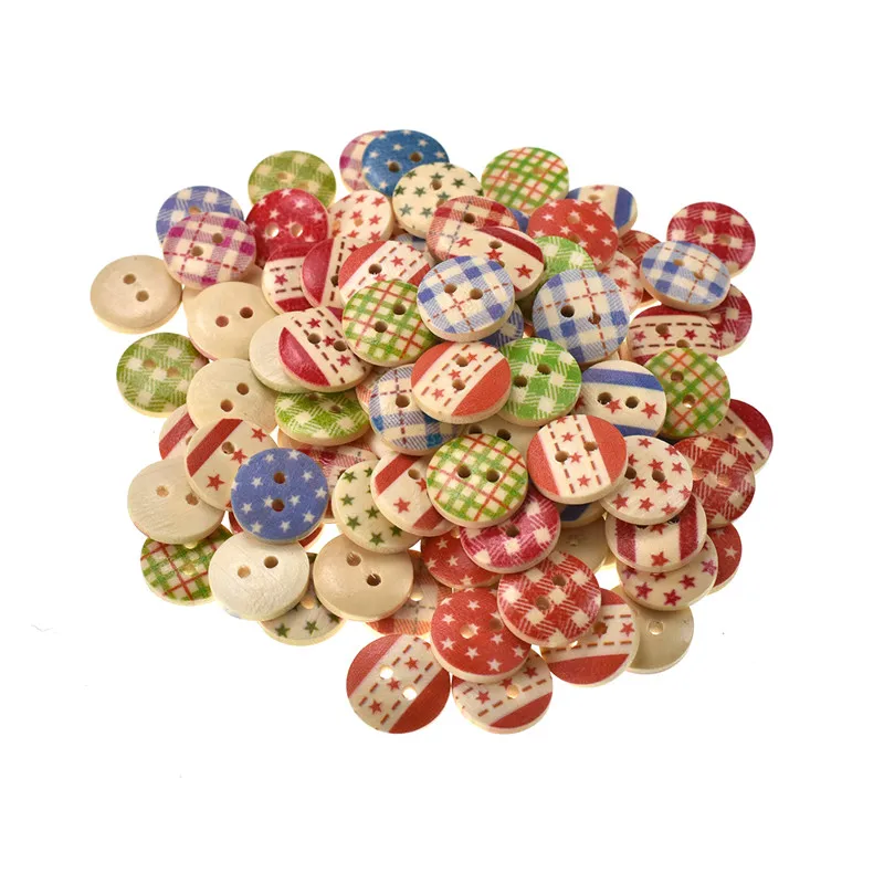 100PCs Wooden Sewing Buttons Scrapbooking Round Colorful Mixed 2 Holes 15mm Decorative Button For Clothing Garment Accessories (2)