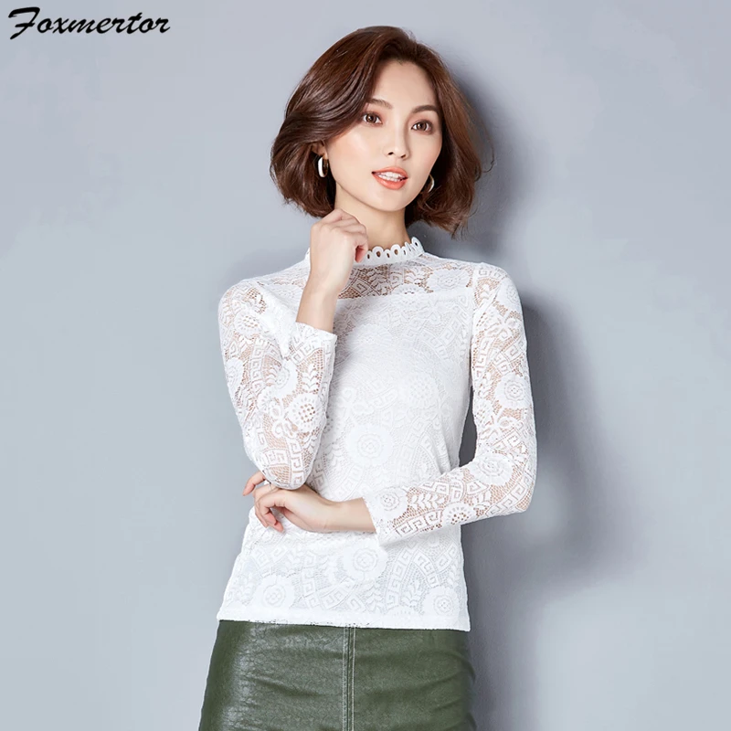 

Original Design Women Blouses shirt Fashion Sexy Slim Solid office Shirt Tops Lace Long Sleeve O-Neck Leisure Hollow Out Blouse
