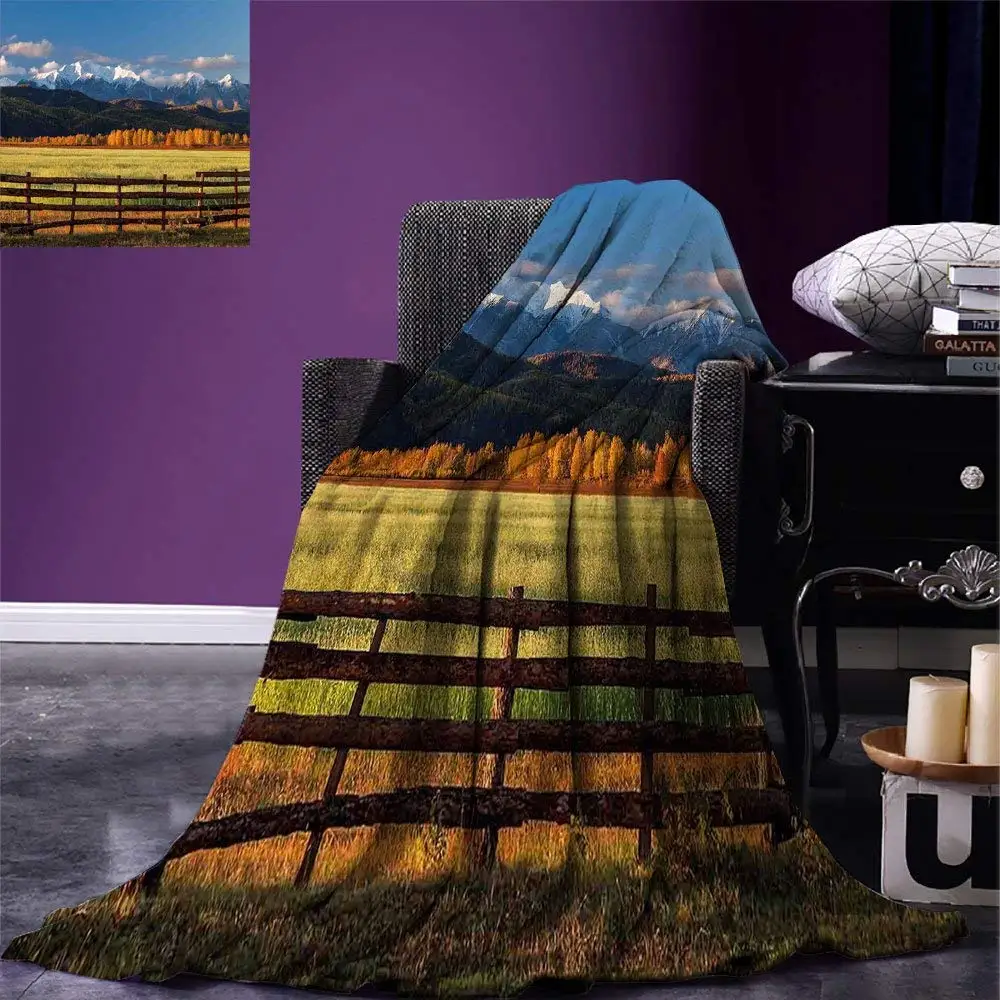 Nature Throw Blanket Farm Field with Snow Covered Mountain Nature