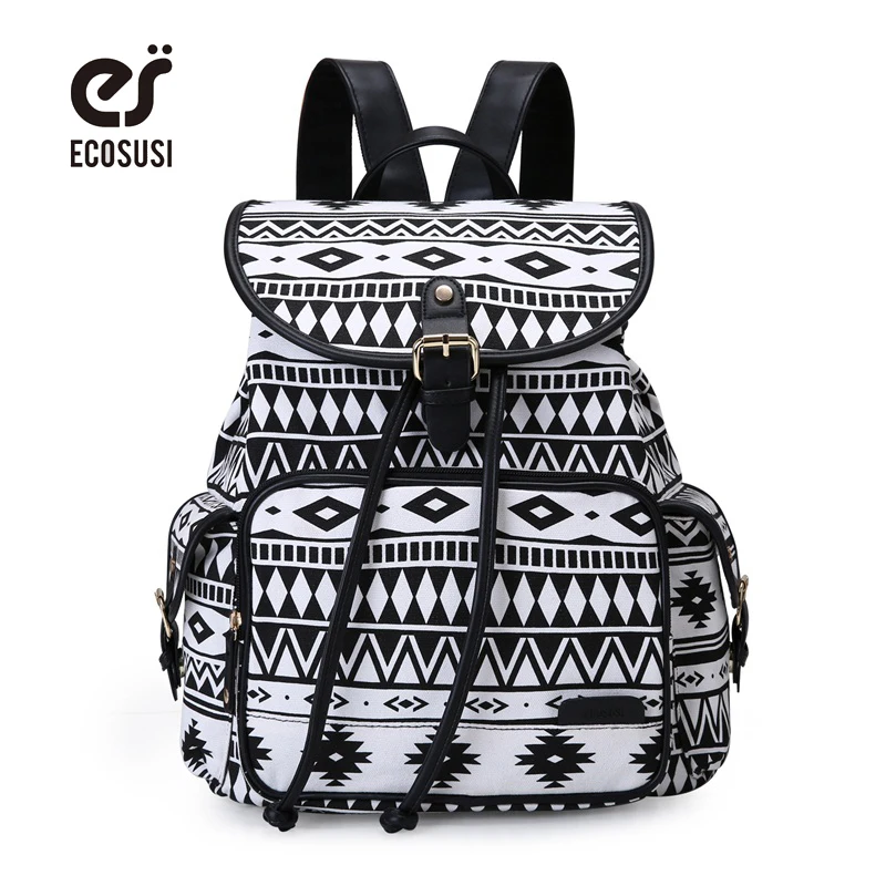 ECOSUSI Women Cute Backpack Canvas School Bag For Teenagers Girls Drawstring Printing Bagpack Sac a Dos