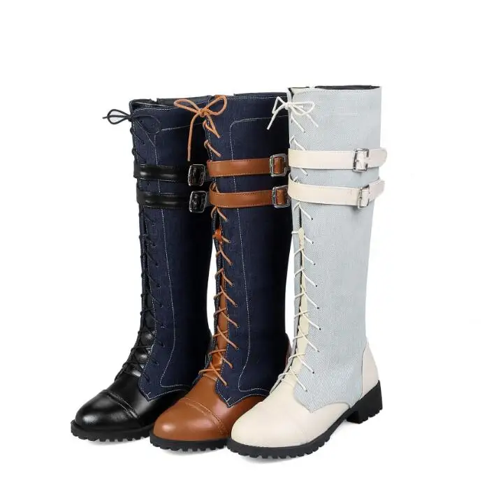 JOKSD/заводская цена; женские сапоги; коллекция года; сапоги до колена на низком каблуке; сезон осень-зима; качественные джинсовые сапоги с ремешком и пряжкой; модные сапоги размера плюс